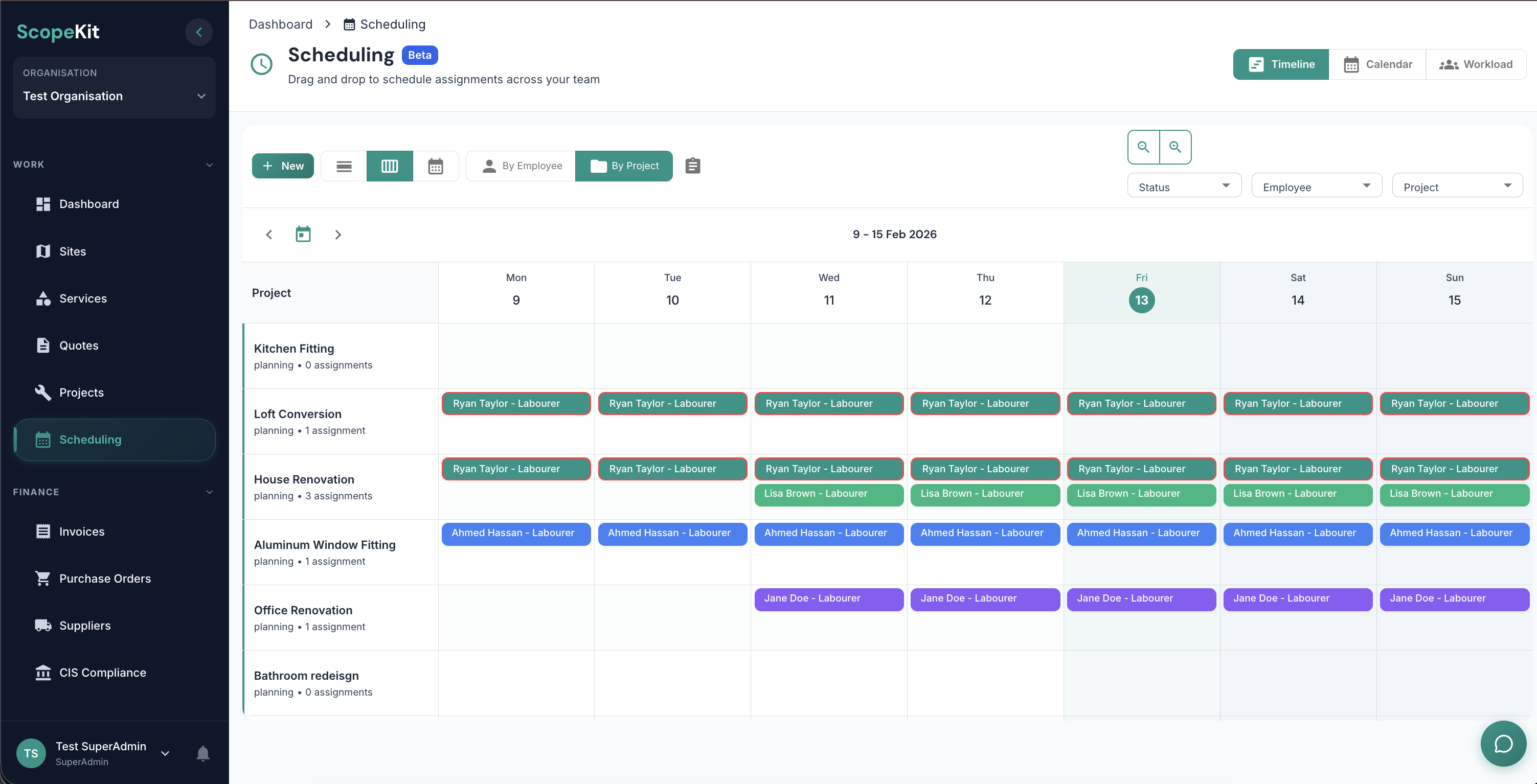 ScopeKit scheduling view showing team assignments across multiple construction sites