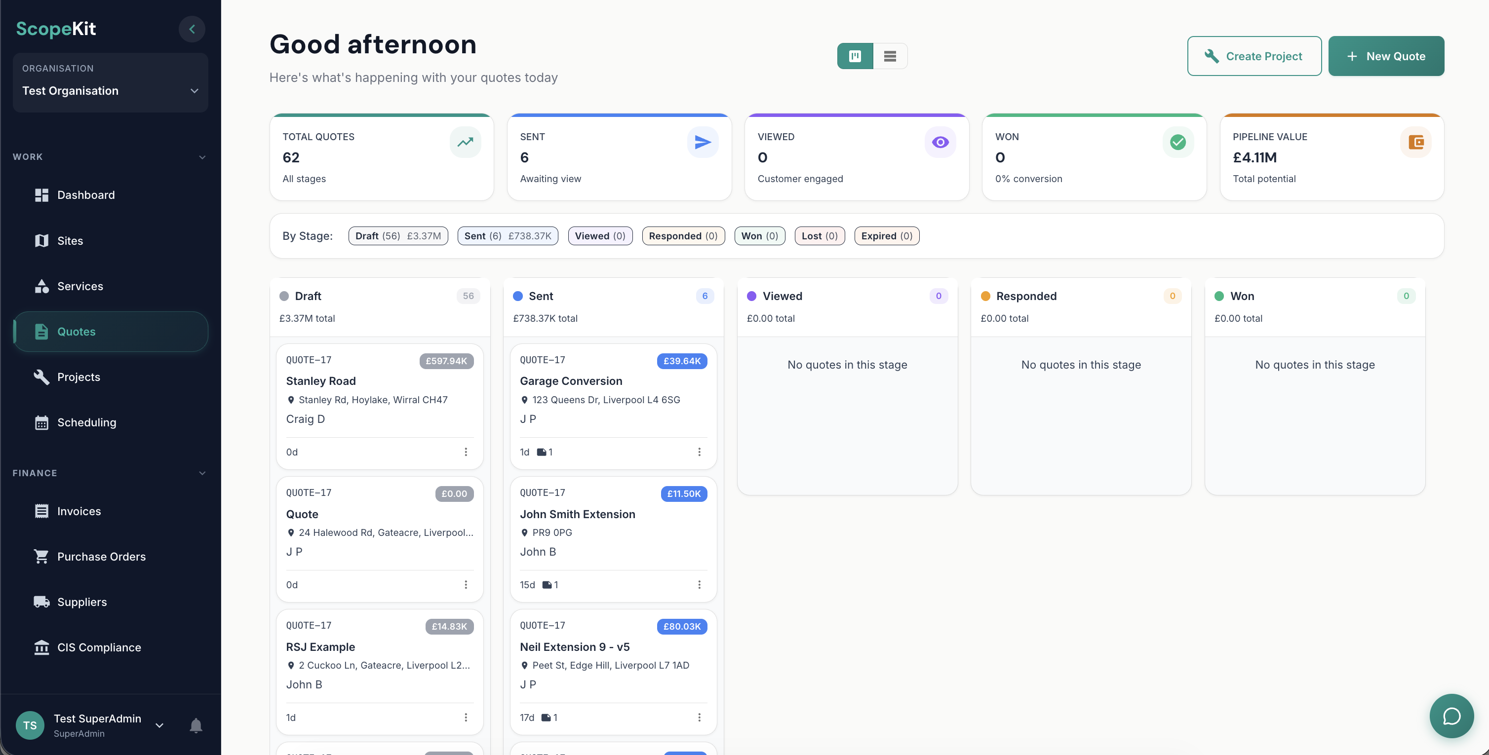 ScopeKit dashboard showing quote pipeline with active quotes and customer responses
