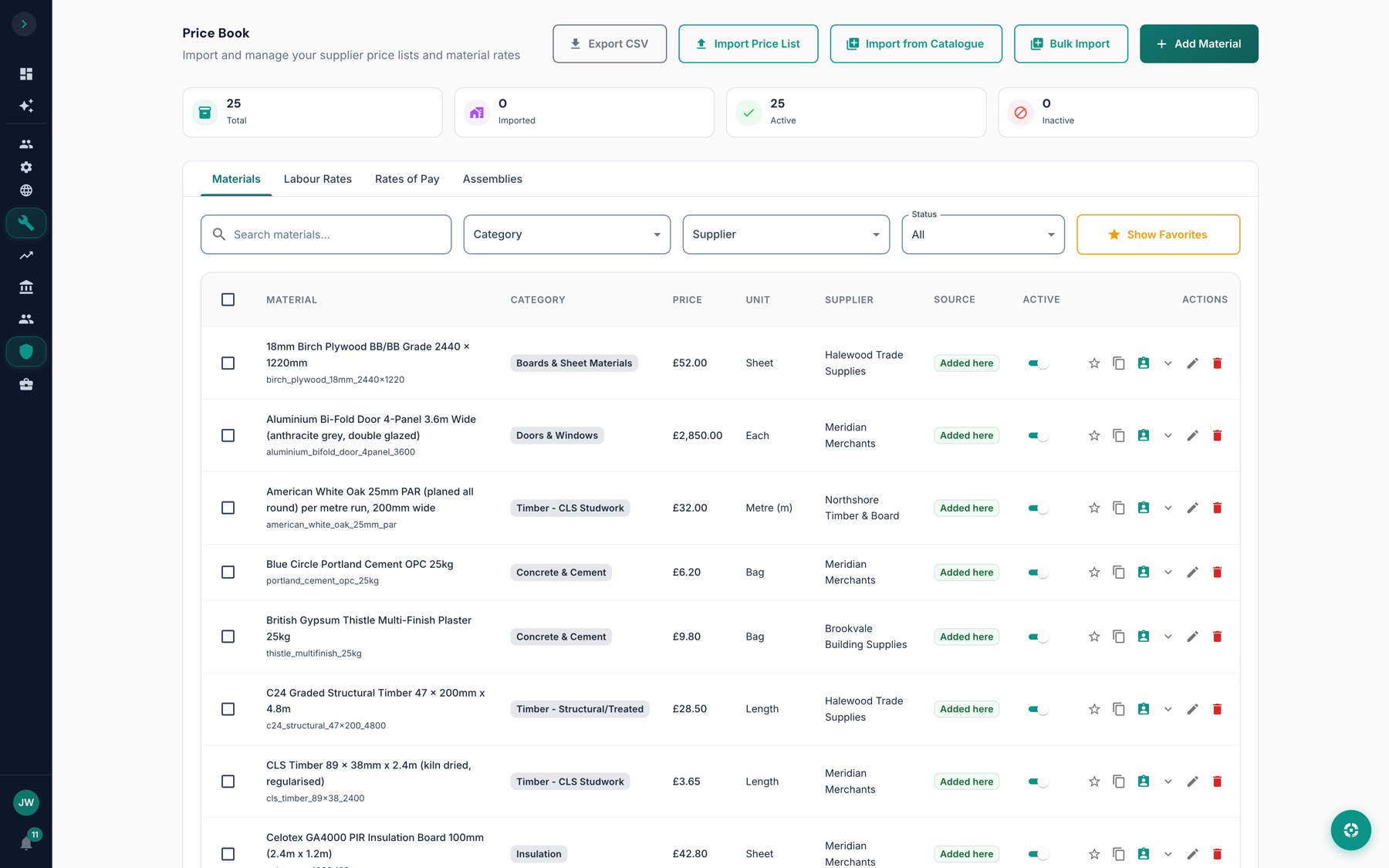 The ScopeKit supplier price book, showing catalogue rates that estimate lines can be priced from