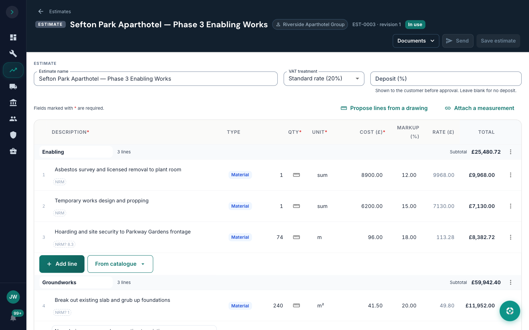 A ScopeKit estimate: lines grouped by trade, each with its NRM code, cost, markup and rate, a subtotal per group, and buttons to add lines from the price book catalogue, propose them from a drawing or attach a measurement