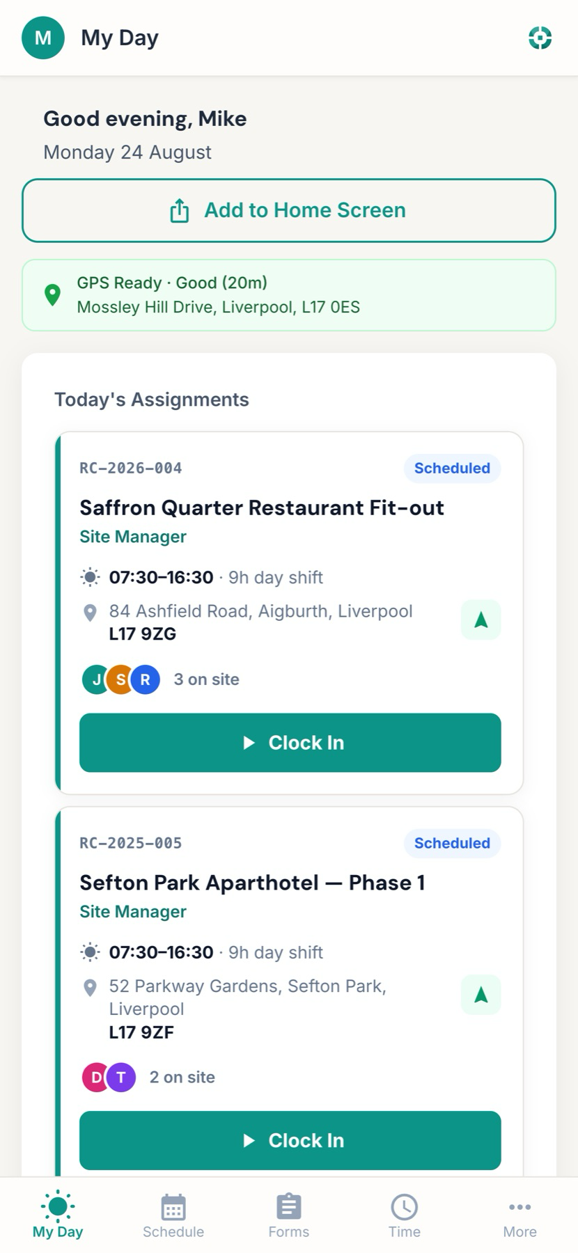 The ScopeKit field app on a phone, showing a worker\u2019s day: assigned jobs, the forms due and outstanding permits