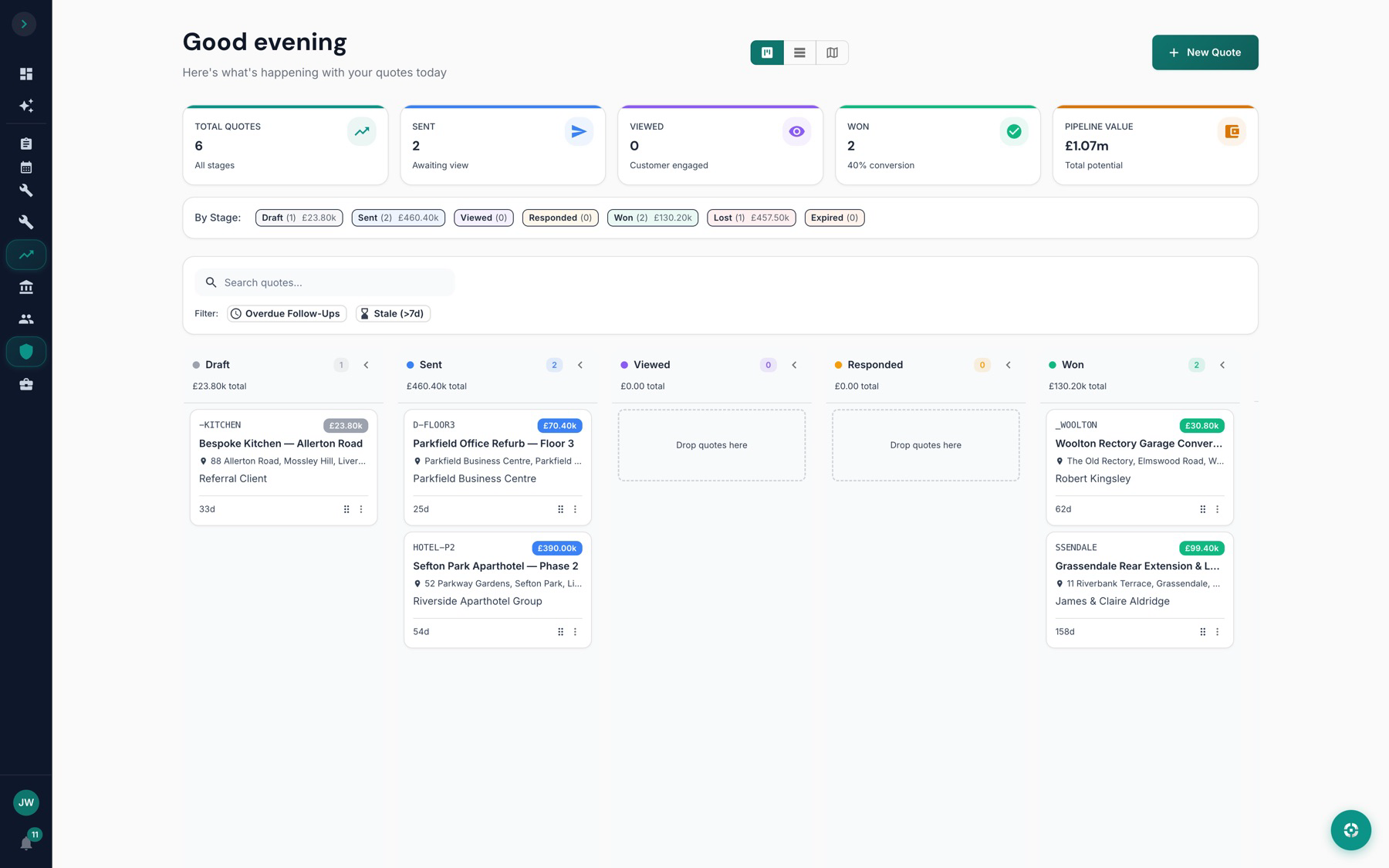 The ScopeKit quote list, showing each quote’s customer, value and stage