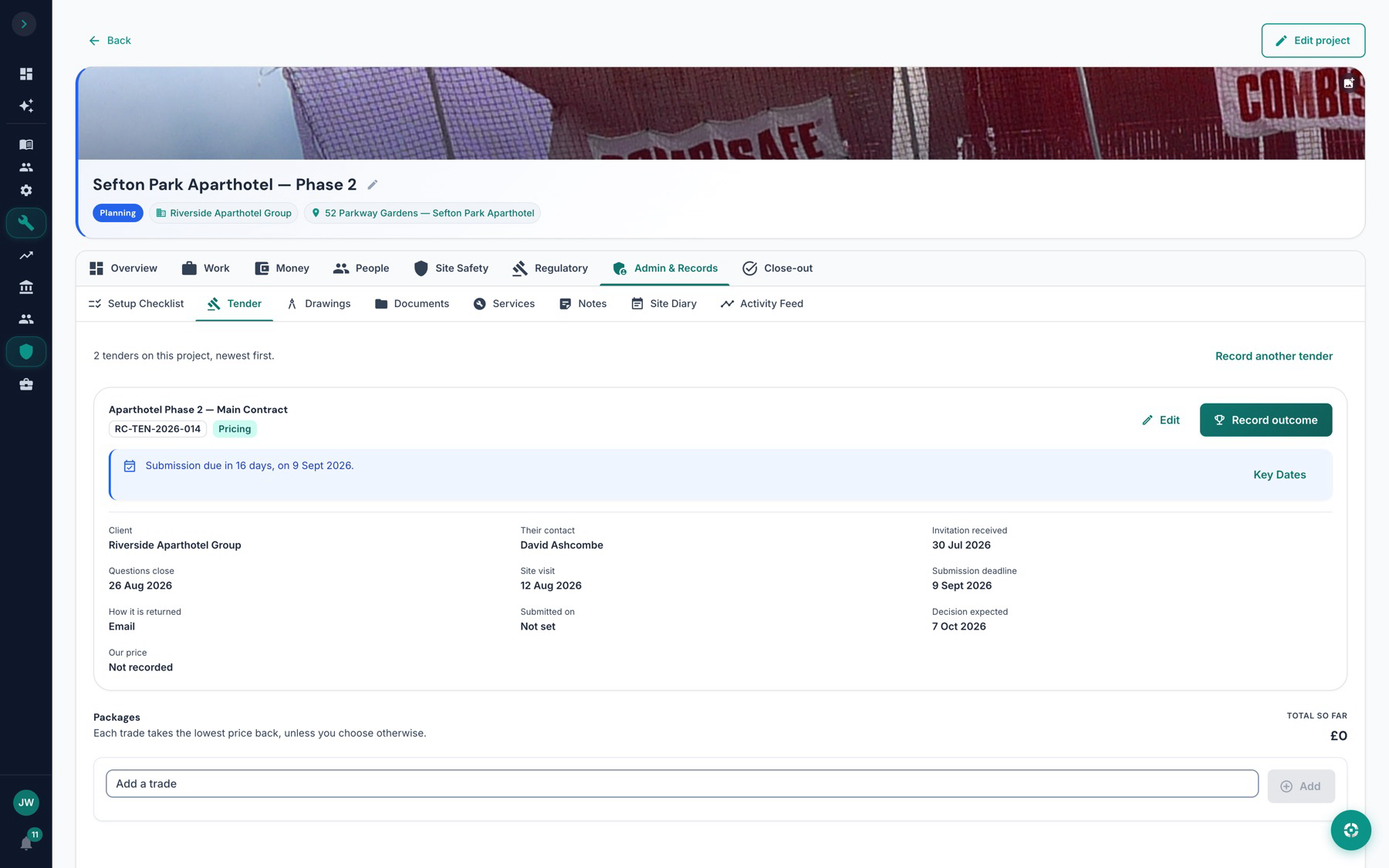 A ScopeKit tender, showing the trade packages out to bid and the prices returned against each