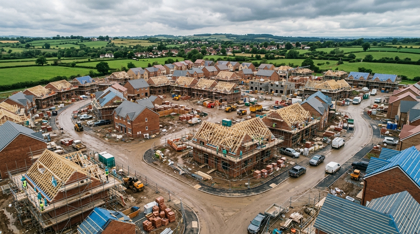 Aerial view of a UK new-build housing development under construction showing multiple plots at various stages