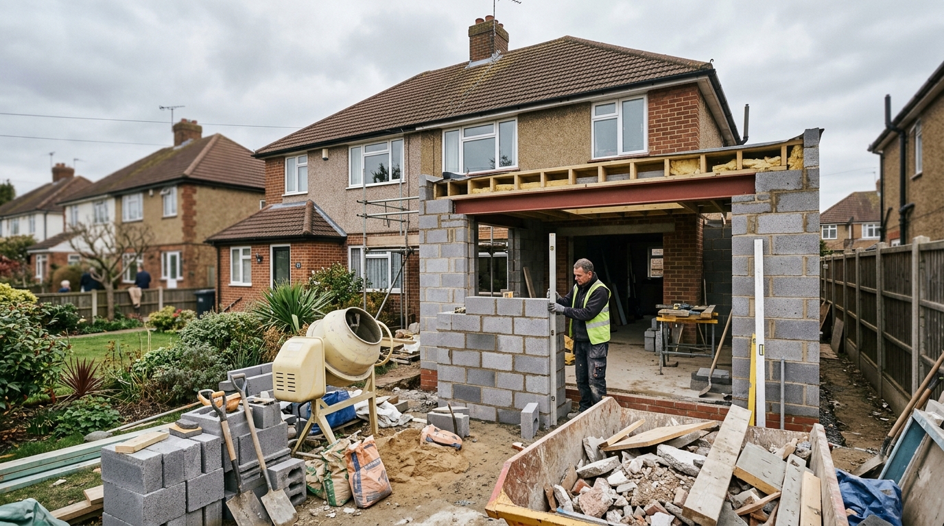 UK house extension under construction with blockwork walls and steel beam visible