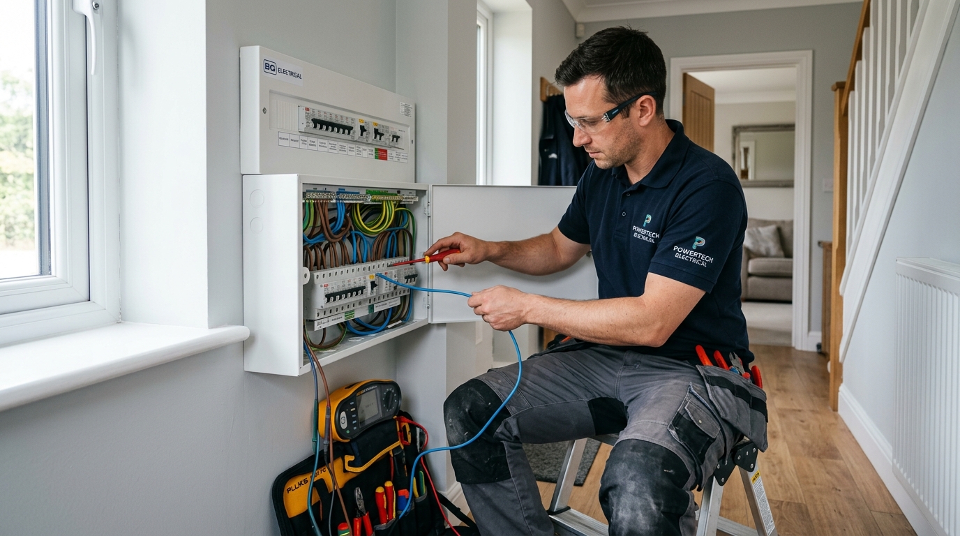UK electrician working at a consumer unit in a modern house with testing equipment