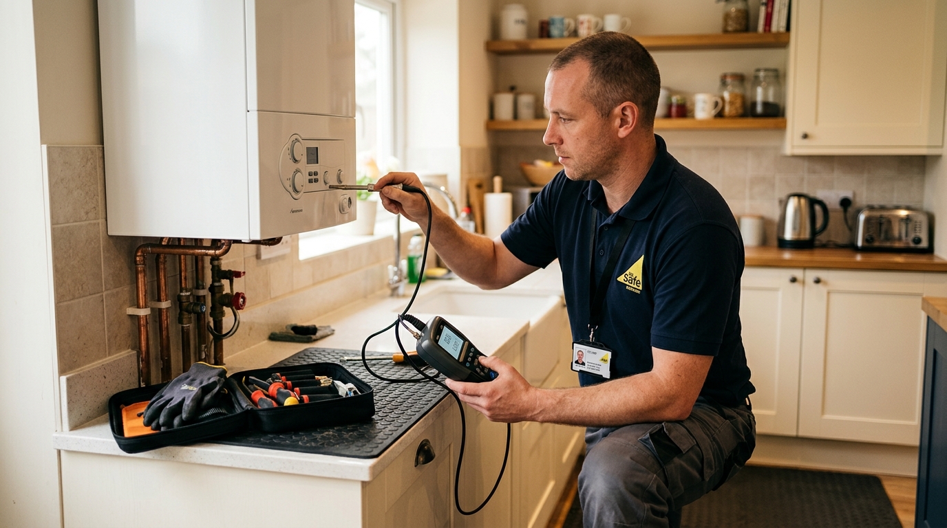 UK gas engineer servicing a combi boiler with a flue gas analyser and Gas Safe ID