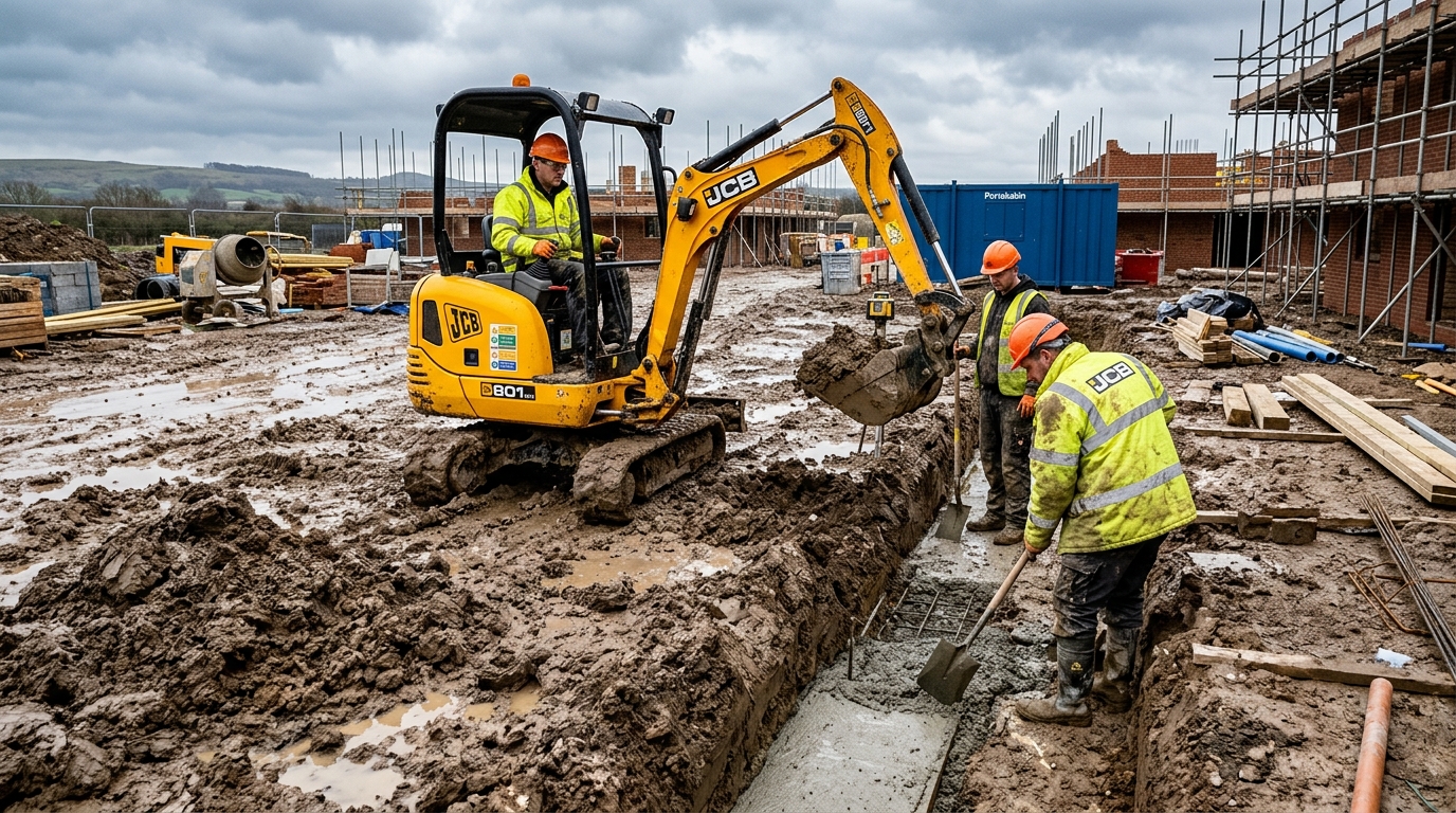 UK groundworkers excavating foundations with a mini digger on a construction site