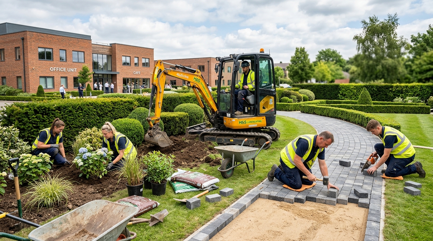 Professional UK landscaping team working on a commercial garden project with block paving and planting