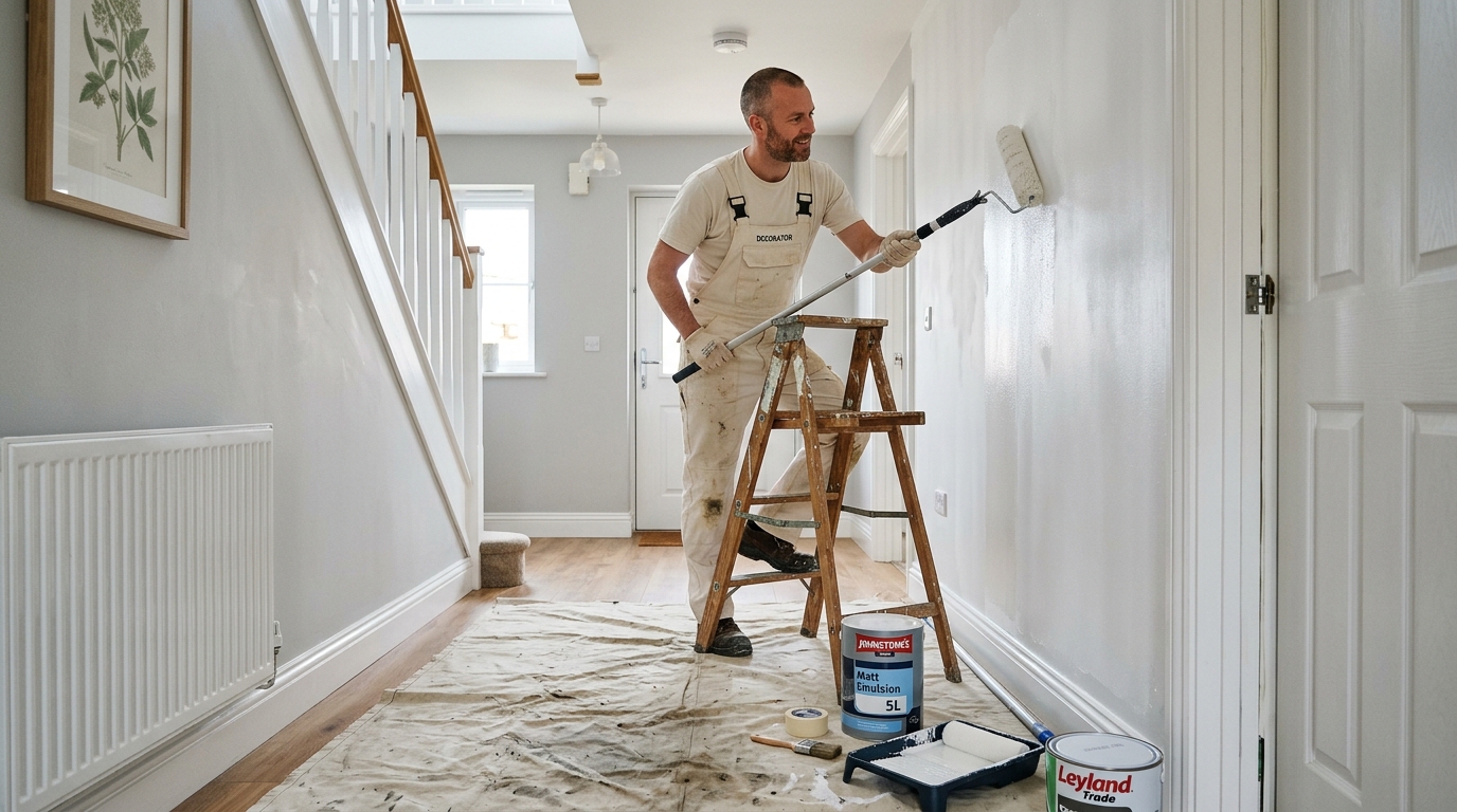 UK painter and decorator painting a wall with a roller in a British home interior