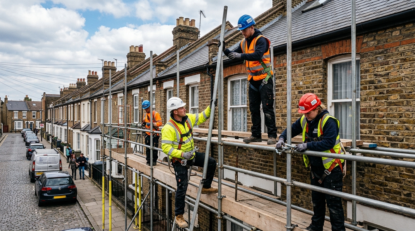 UK scaffolders assembling scaffolding on a British building with safety equipment